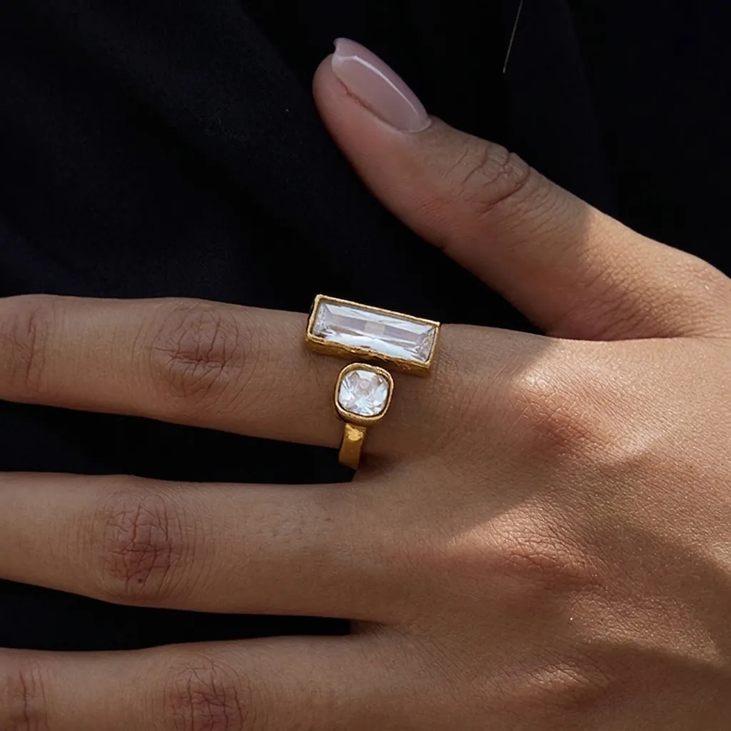 Edelstahl Ring 18 Karat Vergoldet Offen Verstellbar Geometrischer Strass Minimalistischer Modeschmuck Für Damen
