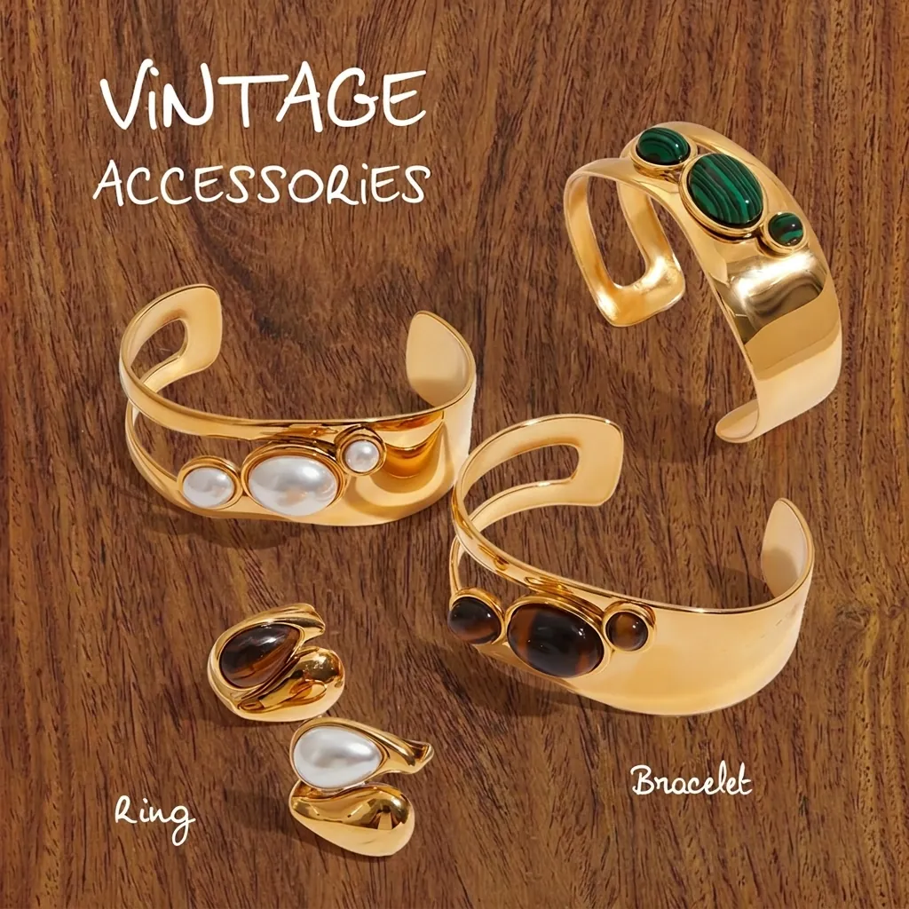 Gioielli Bohémien Vintage Bracciale Aperto E Anello Regolabile Donna Acciaio Inossidabile Impermeabile Con Künstliche Perle
