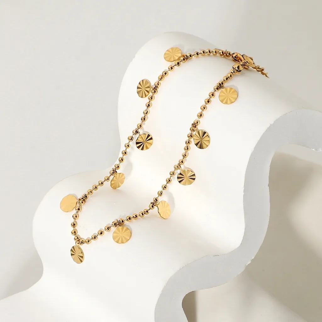 18K Gold Plated 316L Stainless Steel Anklet For Women Sunburst Disc Pendant Beaded Chain Fashion Beach Foot Jewelry Gift