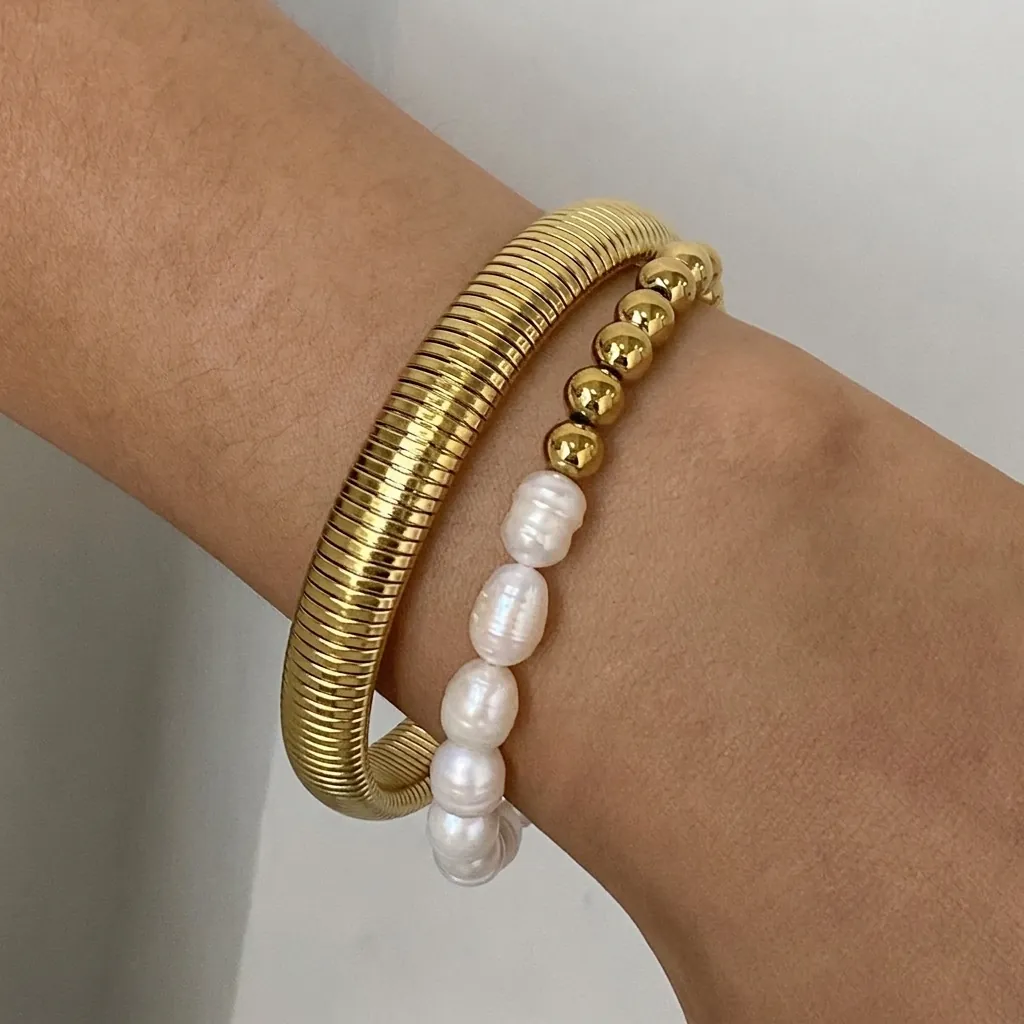 Bracciale Di Künstliche Perle Barocche In Acciaio Inossidabile E Bracciale Tubogas Serpente Dorato Placcato Oro 18K Gioielli Eleganti