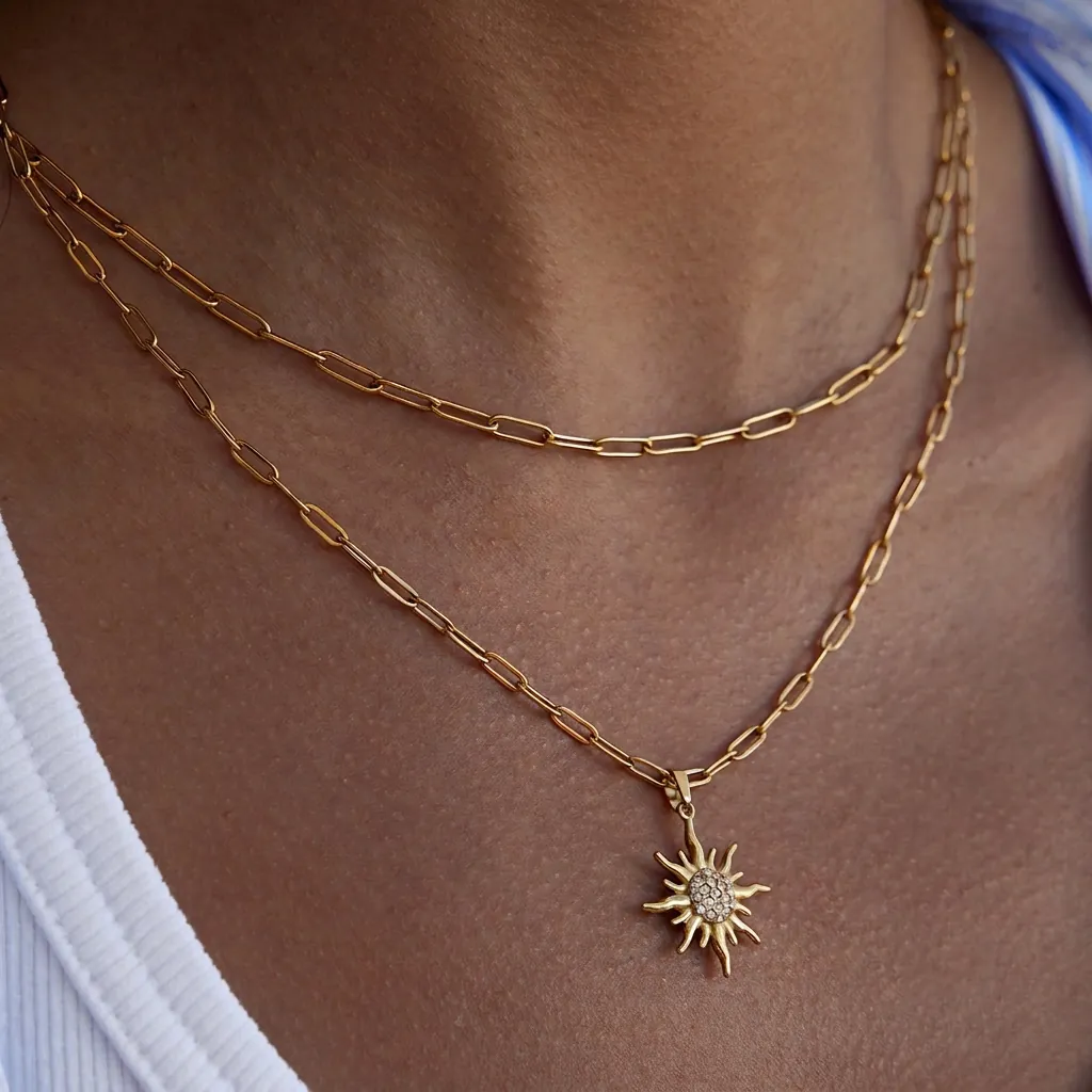 Collana A Strati Ciondolo Sole Acciaio Inossidabile Catena Graffetta Strass Oro Gioielli Donna