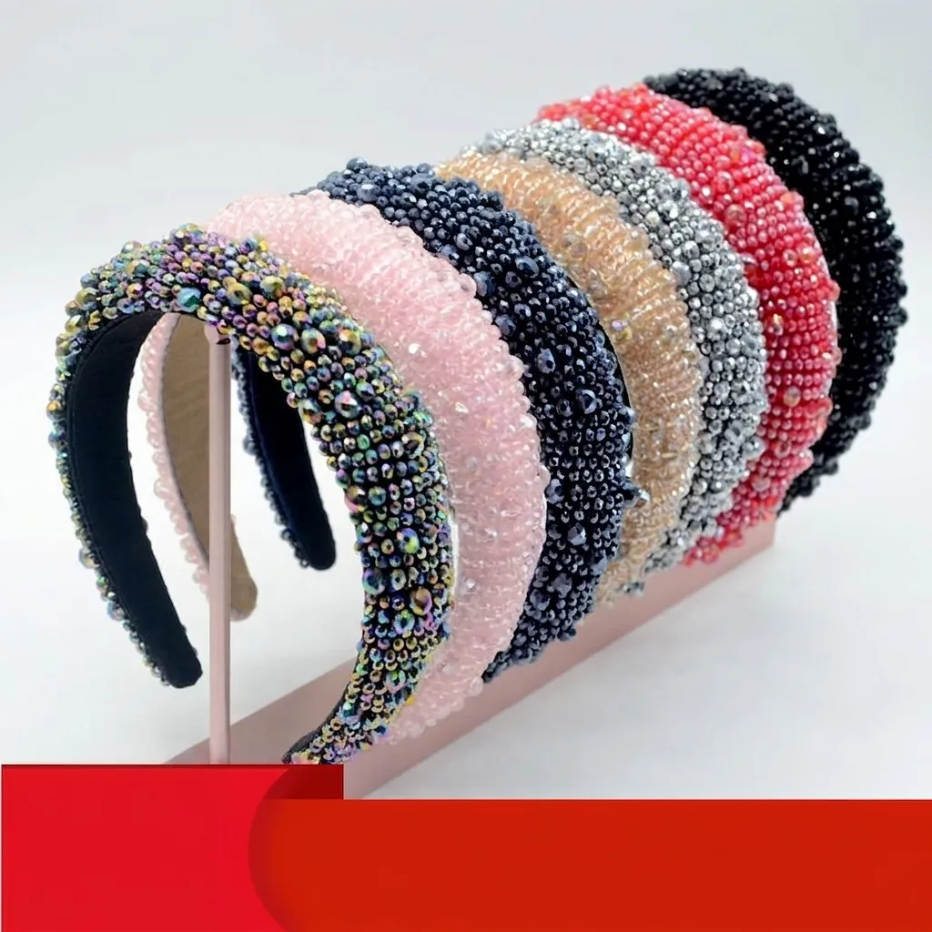 Cerchietto Imbottito Barocco Cristallo Strass Perline Largo Spesso Fascia Capelli Fodera Velluto Copricapo Per Donne