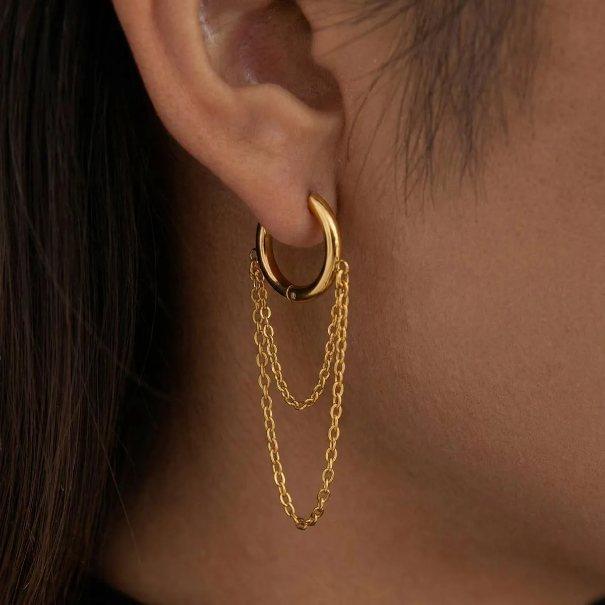 Layered Chain Hoop Earrings Stainless Steel 18K Gold Plated Tassel Dangle Geometric Minimalist Jewelry For Women