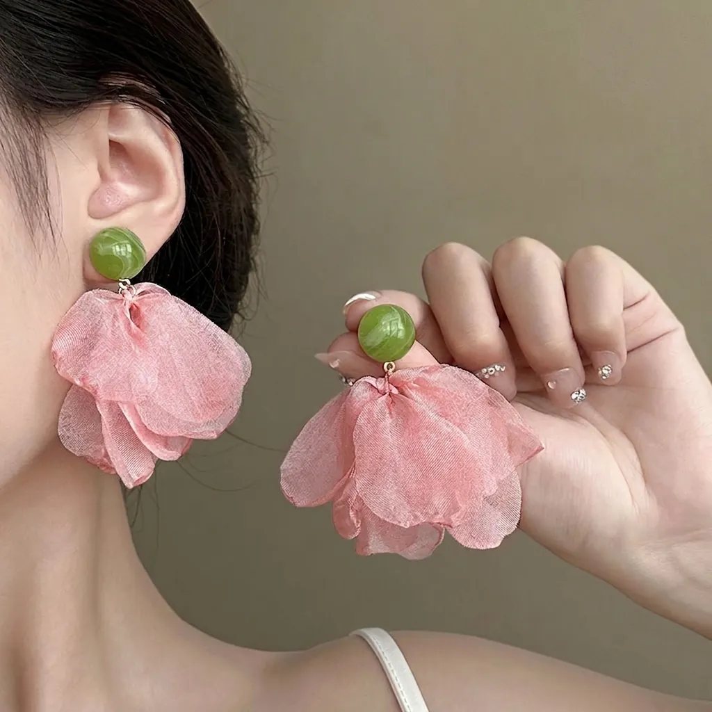 Flower Petal Dangle Earrings With Chiffon Fabric And 925 Sterling Silver Earring Post French Retro Fairy Style For Women