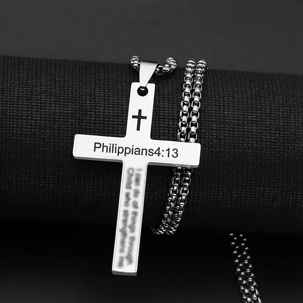 Cross Pendant Necklace Stainless Steel Bible Verse Engraved Philippians 4-13 Hip Hop Religious Jewelry For Men Women