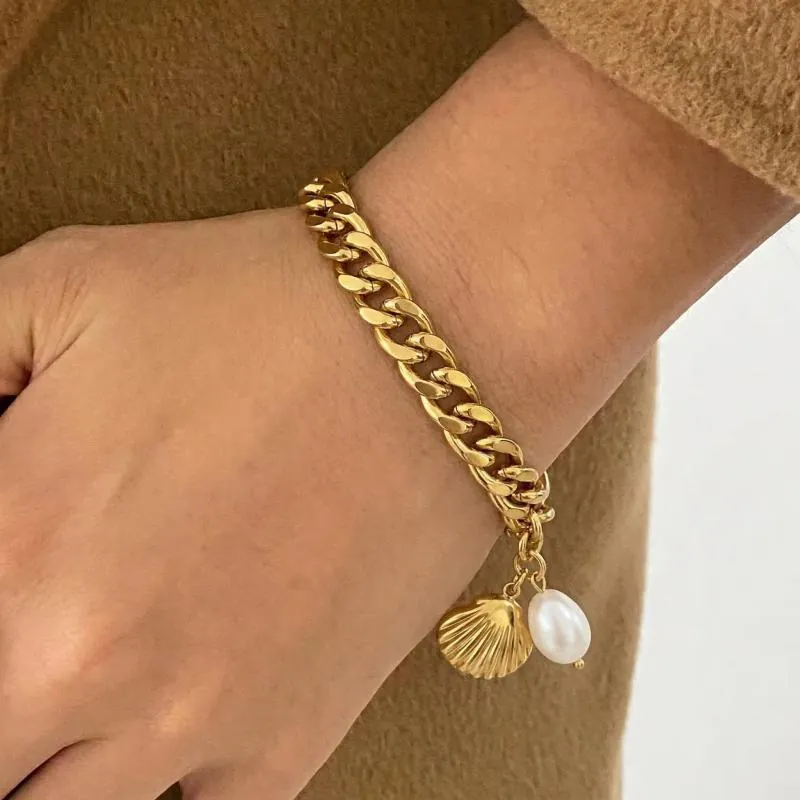 Bracelet En Acier Inoxydable Avec Perle D'eau Douce Et Pendentif Coquille Métallique Chaîne Cubaine Plaqué Or 18K Étanche Femme