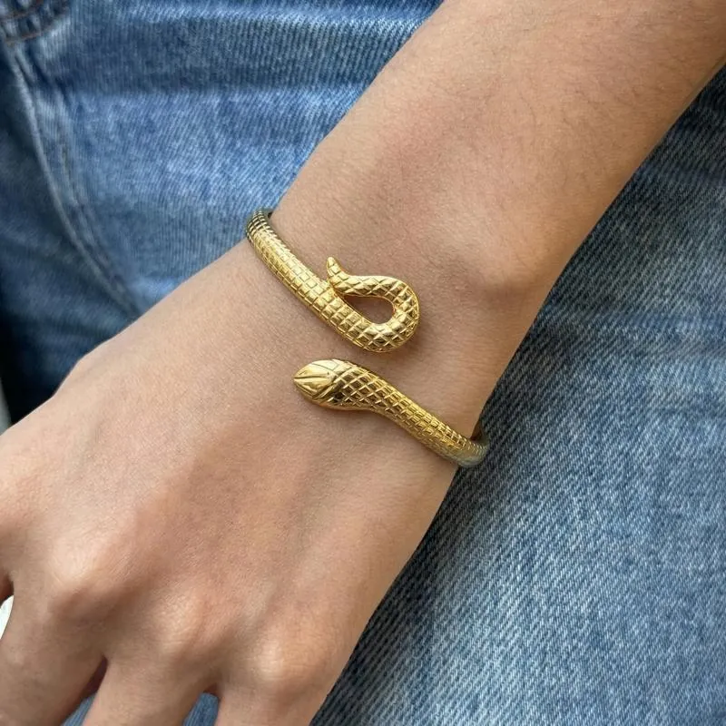 Bracelet Jonc Serpent Plaqué Or 18K Acier Inoxydable Ouvert Réglable Texture Écailles Vintage Bijoux Tendance Pour Femmes