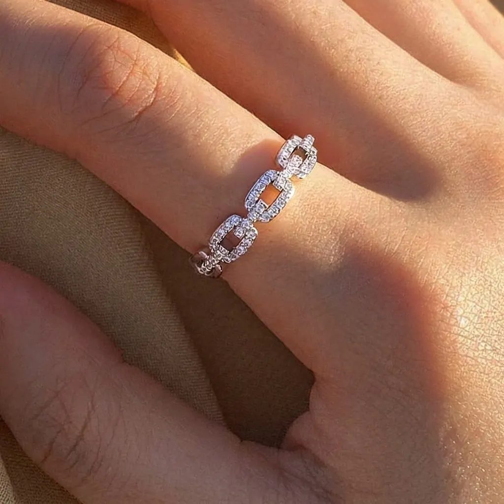 925 Sterling Silver Pave Moissanite Interlocking Chain Ring Fashion Minimalist Geometric Finger Ring For Women Men Jewelry