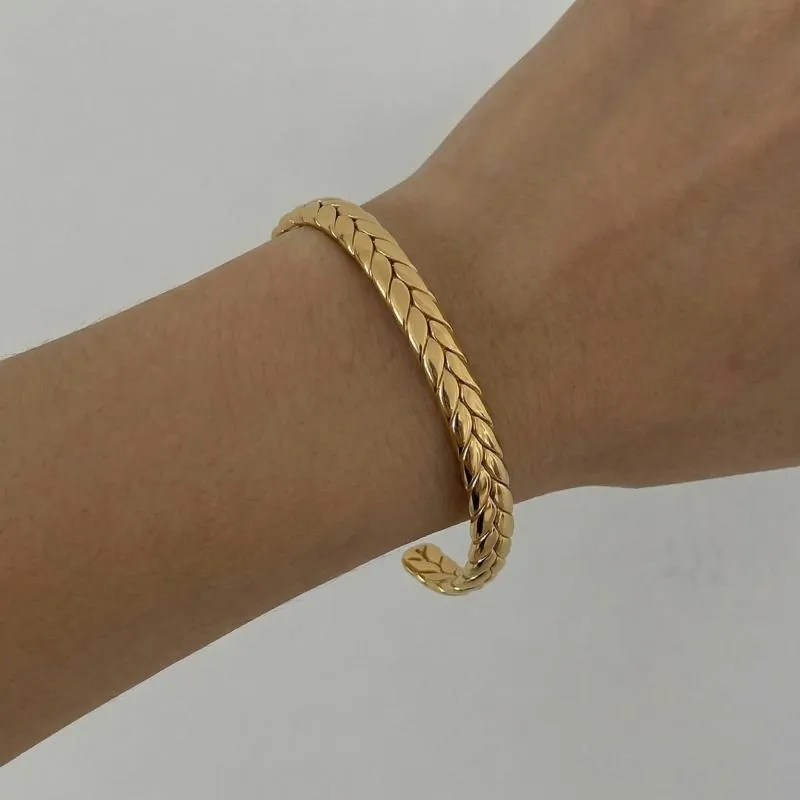 Bracciale Rigido Intrecciato A Spiga Minimalista Acciaio Inossidabile Placcato Oro 18K Geometrico Aperto Donna