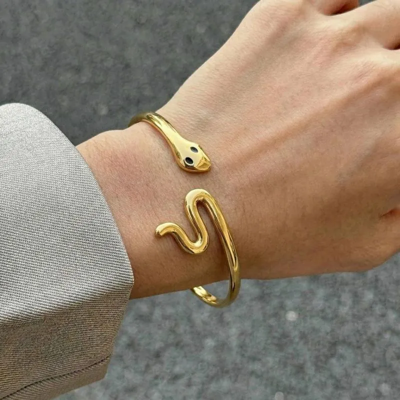 Bracelet Jonc Ouvert En Forme De Serpent Acier Inoxydable Plaqué Or 18K Bijoux Géométriques Minimalistes Pour Femmes Réglable