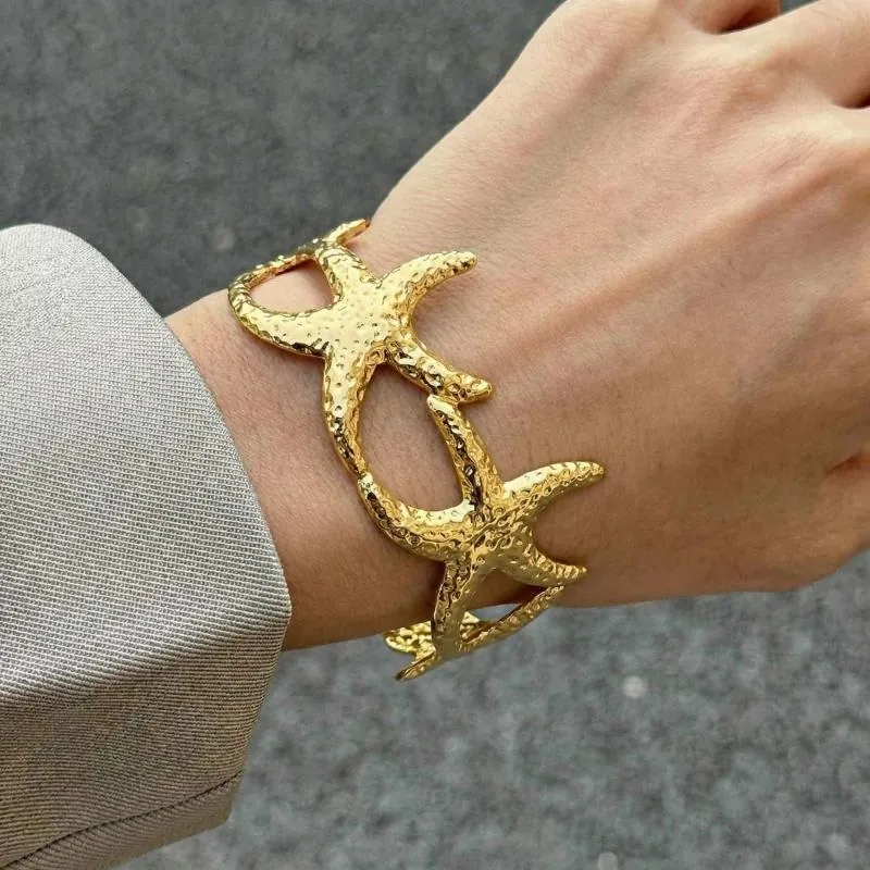 Bracelet Manchette Étoile de Mer en Acier Inoxydable 304 Plaqué Or Style Océan Texture Martelée Bijoux Thème Mer Pour Femmes