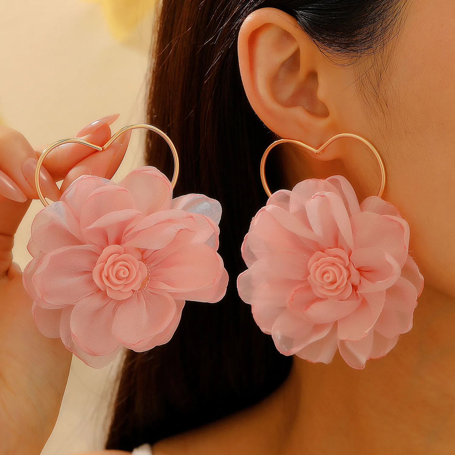 Chiffon Fabric Flower Drop Earrings With Metal Heart Leaf Sweet Romantic Dangle Jewelry For Women Steel Earring Post