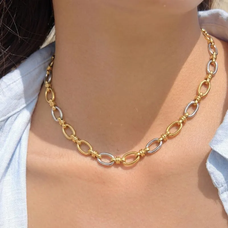Collier Et Bracelet Chaîne À Maillons Ovales Bicolore Acier Inoxydable Or Argent Style Hip Hop Street Bijoux Femme