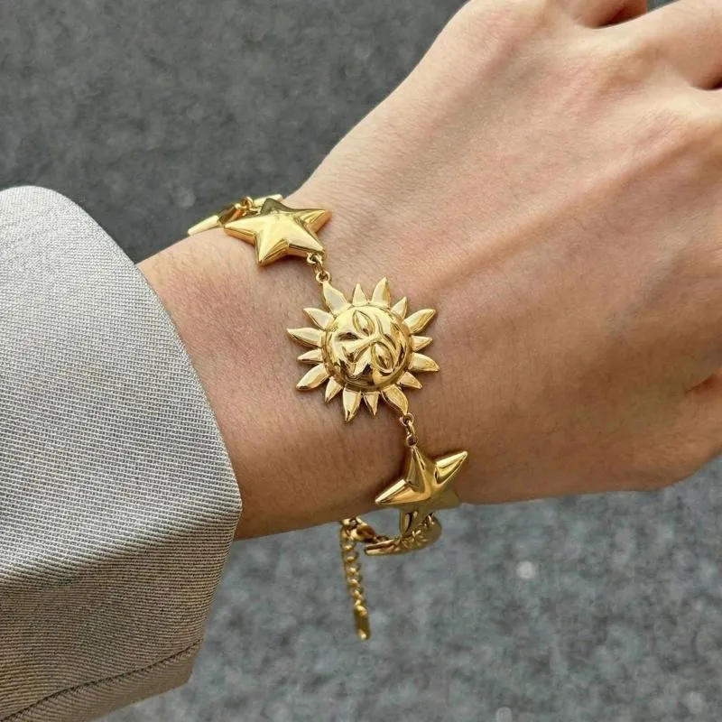 Gold Plated Stainless Steel Sun Moon Star Charm Bracelet Celestial Waterproof Jewelry For Women Adjustable