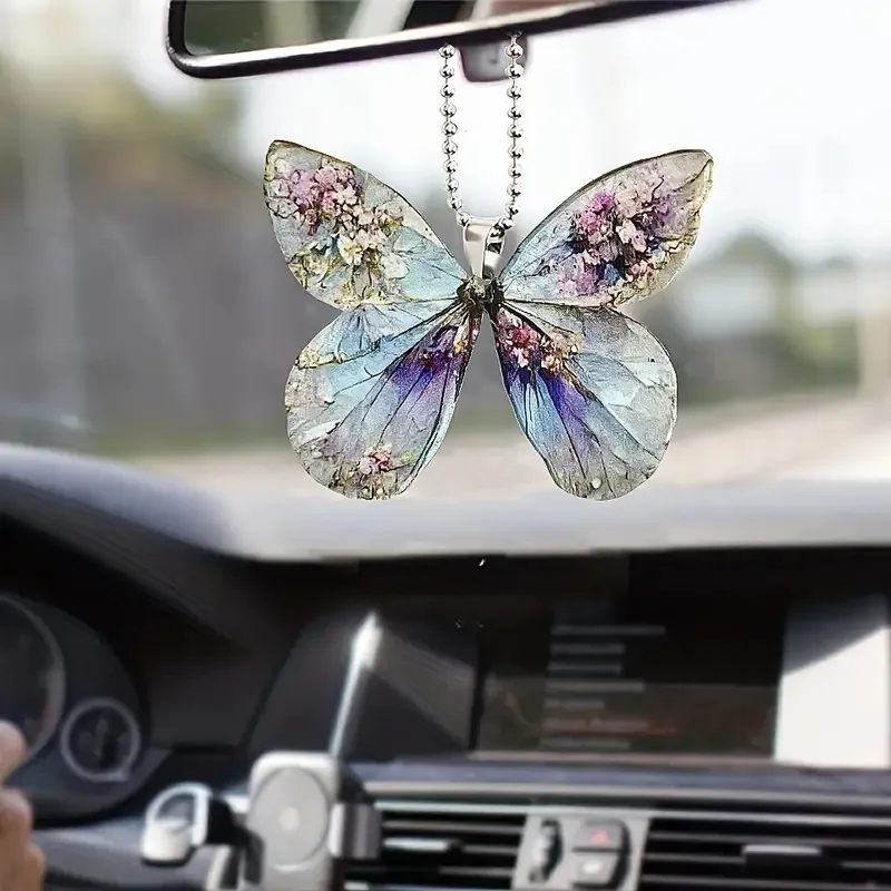 Colorful Acrylic Butterfly Car Hanging Ornament Artistic Floral Faith Cross Pendant With Metal Chain For Interior Decor Gift