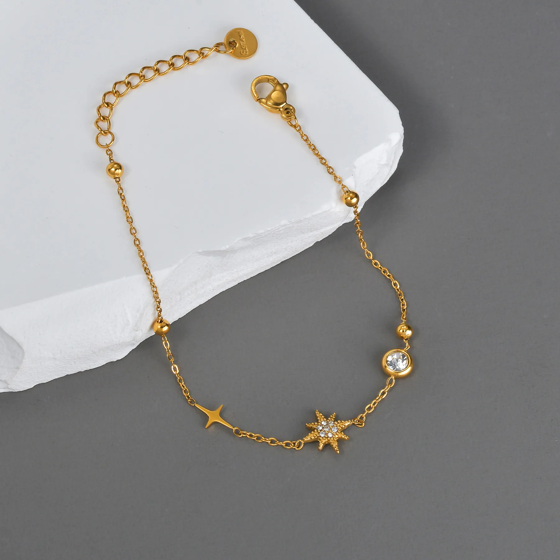 Stainless Steel Star Charm Bracelet Gold Plated Rhinestone Dainty Adjustable Minimalist Jewelry Gift For Women