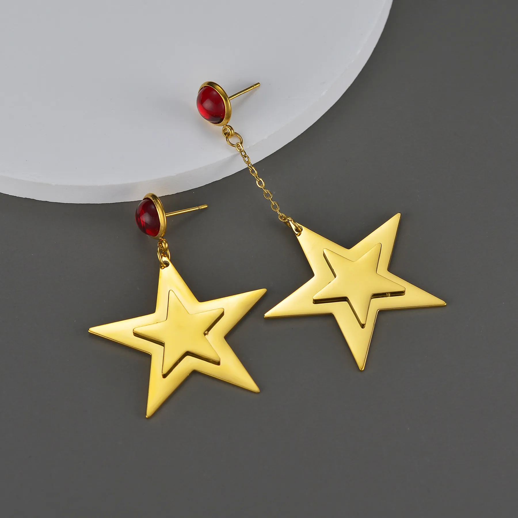 Asymmetrical Star Dangle Earrings Stainless Steel Gold Plated Double Layer Pentagram With Red Resin For Women