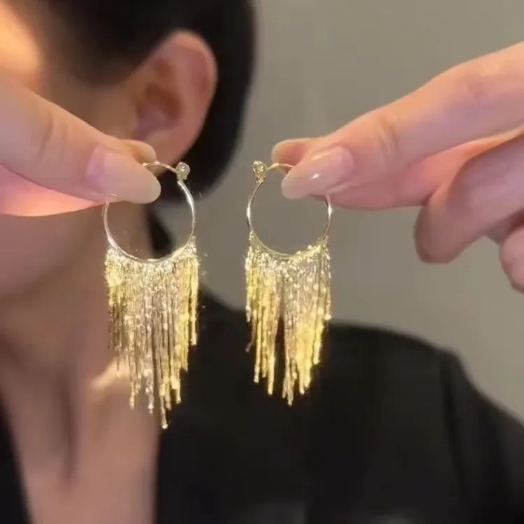 Long Tassel Hoop Earrings For Women Geometric Brass 18K Gold Plated With Stainless Steel Earring Post Waterfall Style