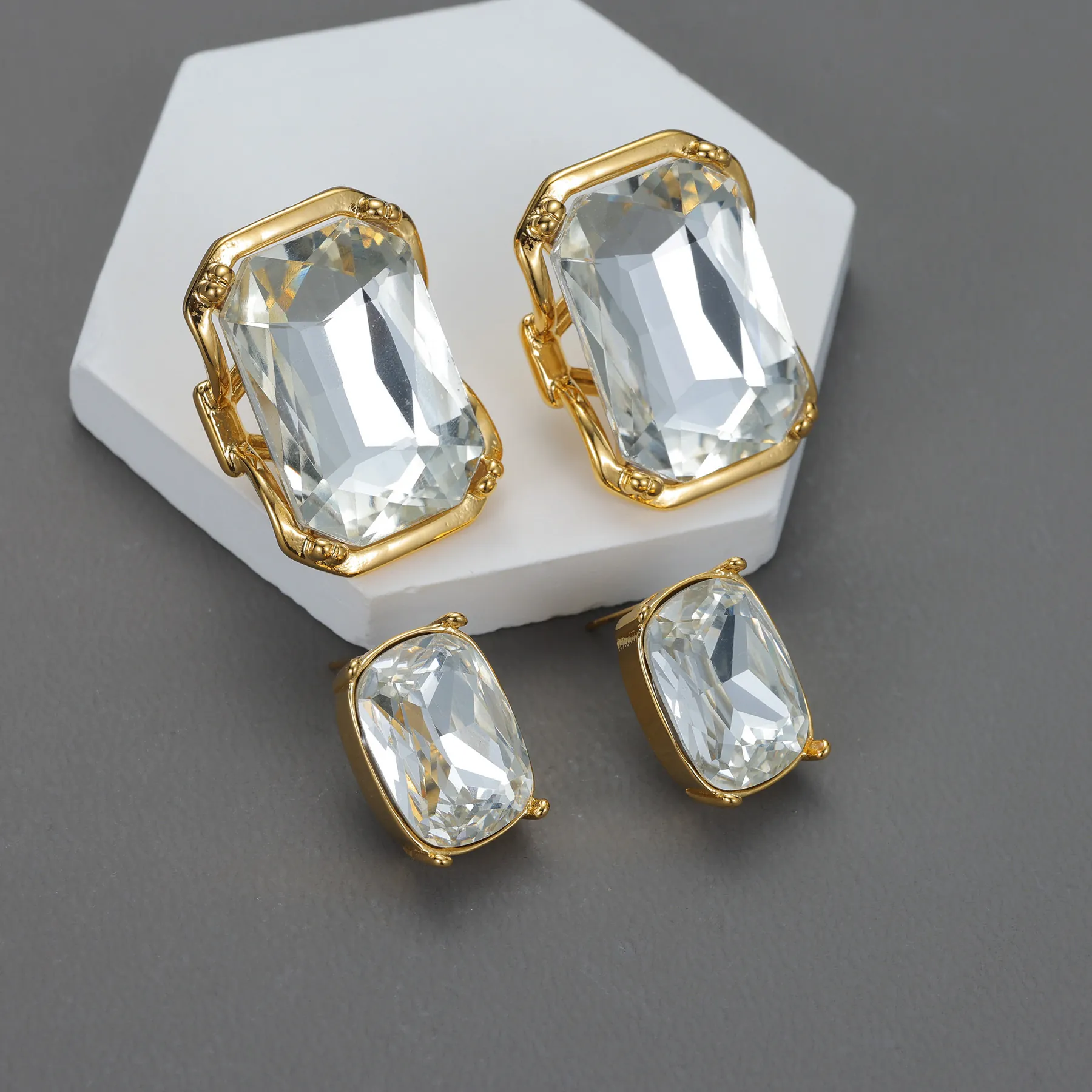Geometric Rectangular Stud Earrings With Stainless Steel 18K Gold Plated Transparent Crystal Emerald Cut For Women