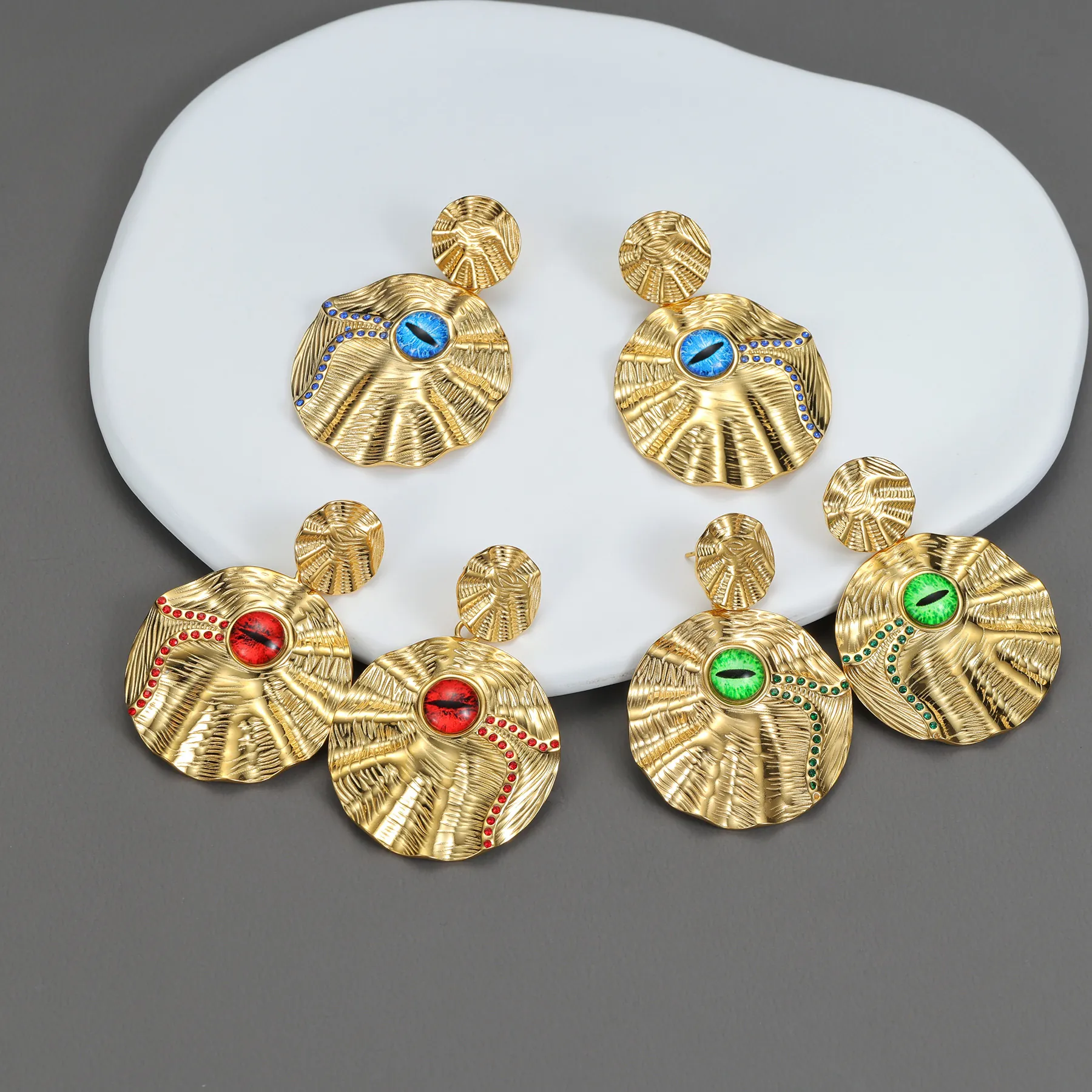 Stainless Steel Hammered Texture Round Disk Dangle Earrings With 18K Gold Plated Colorful Evil Eye Zircon Accent