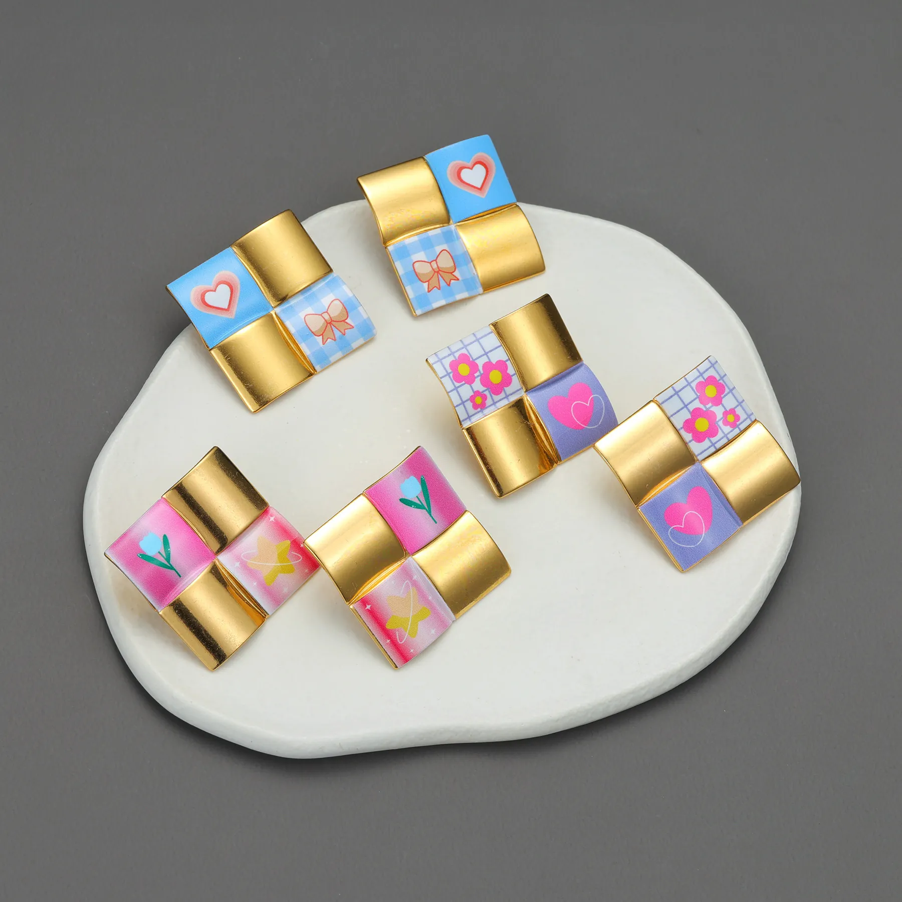 Stainless Steel Square Stud Earrings 18K Gold Plated Checkerboard Grid Colorful Contrast Heart Flower Pattern