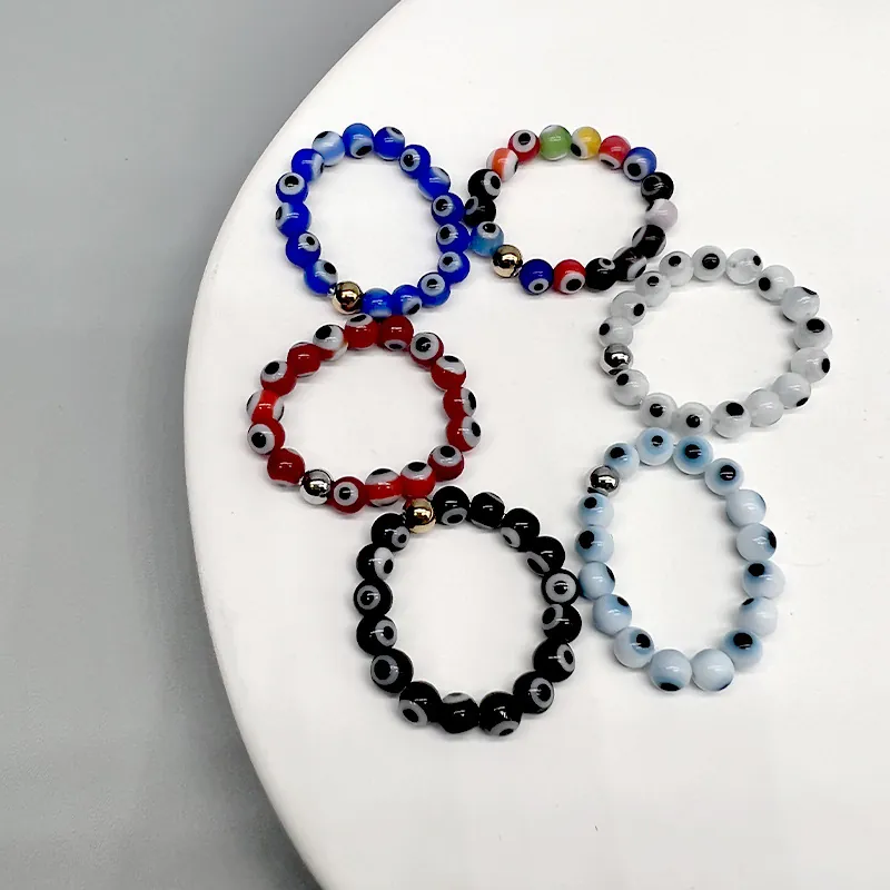 Evil Eye Rings Beaded Elastic Stretch Glass Beads Retro Boho Protection Amulet Jewelry For Women Fashion Accessories