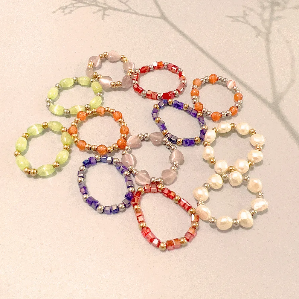 Stainless Steel Beaded Ring Crystal Cat Eye Stone Artificial Pearl Elastic Stretch Adjustable Retro Bohemian Jewelry For Women