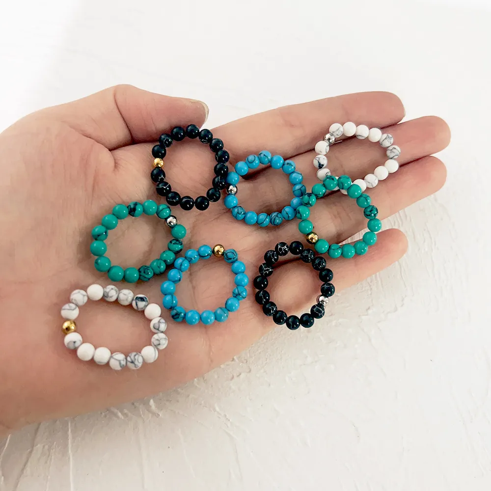 Natural Stone Beaded Elastic Ring With Stainless Steel Bead Handmade Stretch Minimalist Bohemian Jewelry For Women