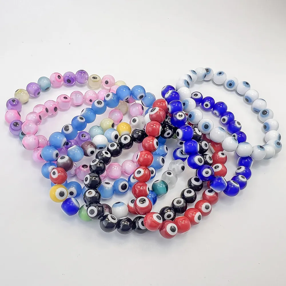 Evil Eye Beaded Bracelet Colored Glass Beads Elastic String Nazar Turkish Style Fashion Jewelry Women Men Boho