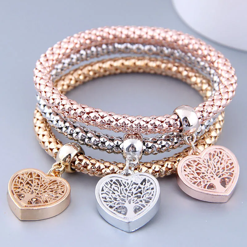 Popcorn Chain Bracelets With Tree Of Life Heart Crown Star Pendants Alloy Rhinestone Elastic Stackable For Women