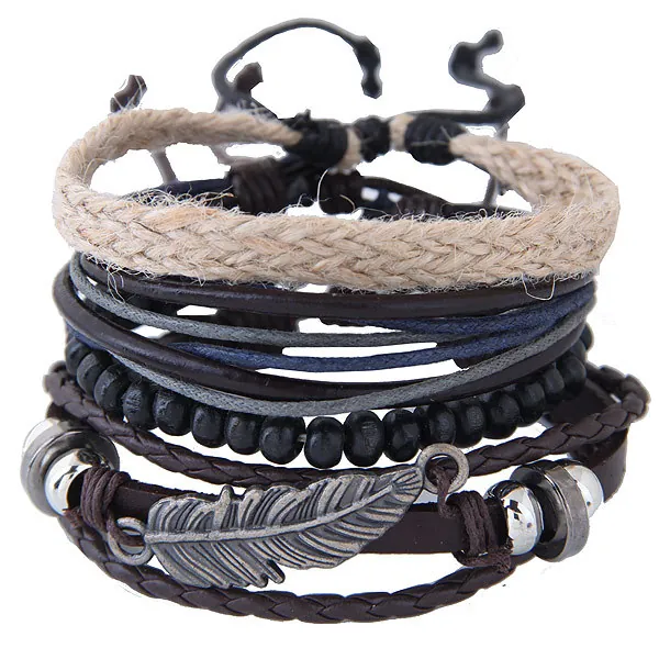 Vintage Bohemian Woven Leather Bracelets For Men Women Handmade Ethnic Stackable Alloy Wing Charm Multi Layer Wristband