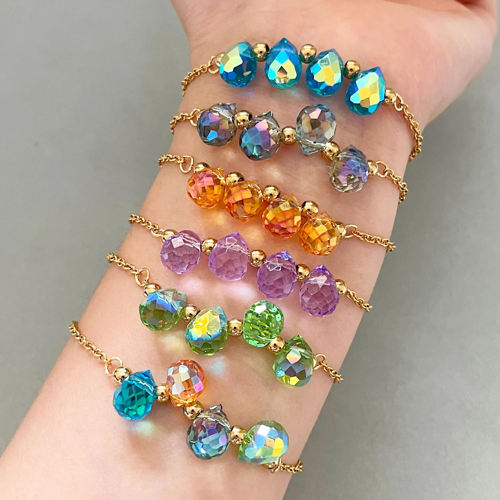 Colorful Faceted Crystal Glass Bead Bracelet Stainless Steel 18K Gold Plated Adjustable Teardrop Chain For Women