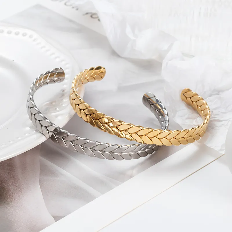 Wheat Spike C-Shape Bangle Stainless Steel Open Adjustable Minimalist Bracelet Jewelry For Women