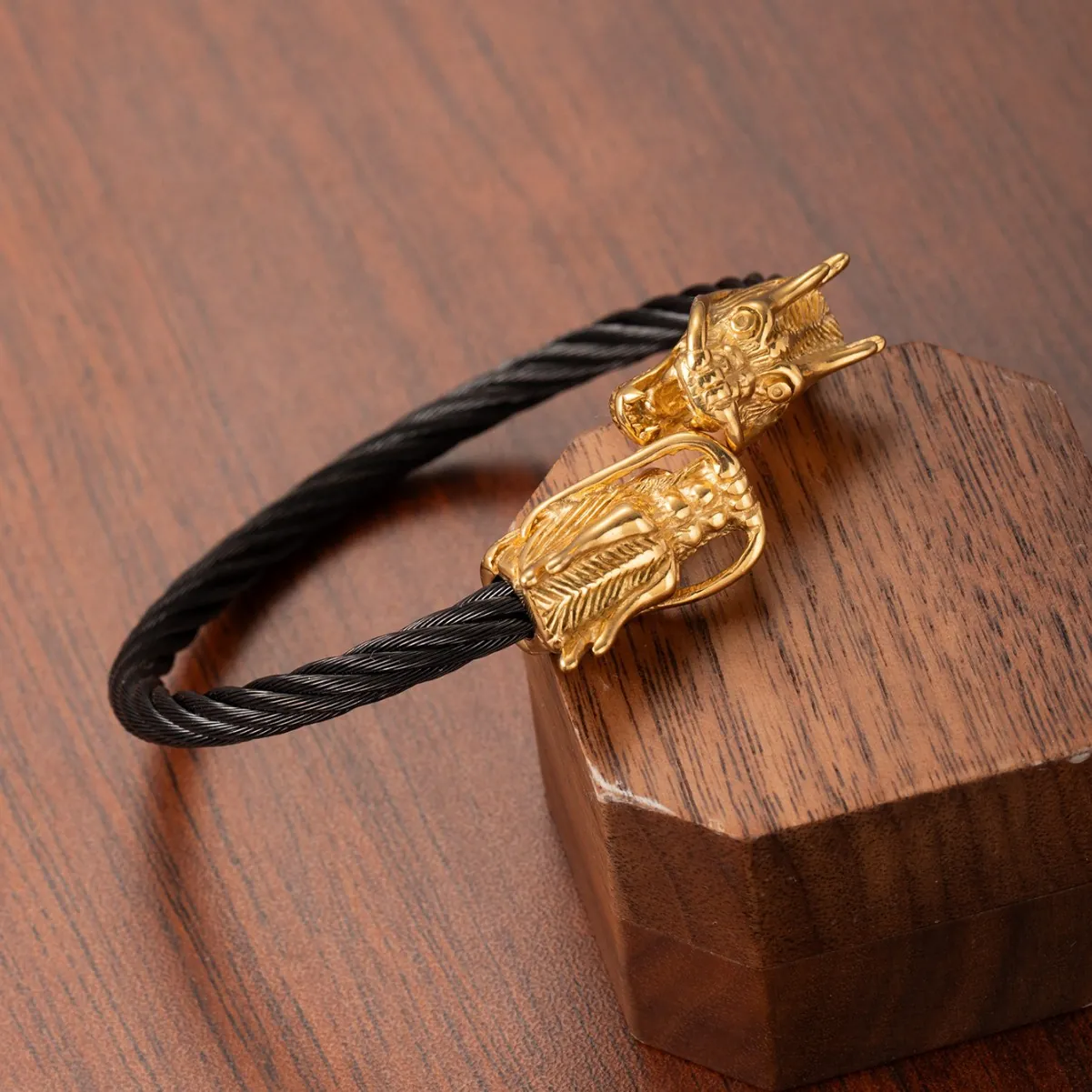 Double Dragon Head Cable Bracelet Stainless Steel Open Bangle Punk Retro Jewelry For Men Adjustable Twisted Wire