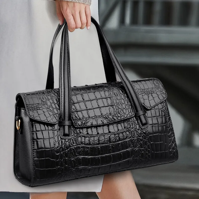 Sac À Main Motif Crocodile Cuir PU Embossé Vintage Poignée Supérieure Épaule Bandoulière Femmes Professionnel Élégant