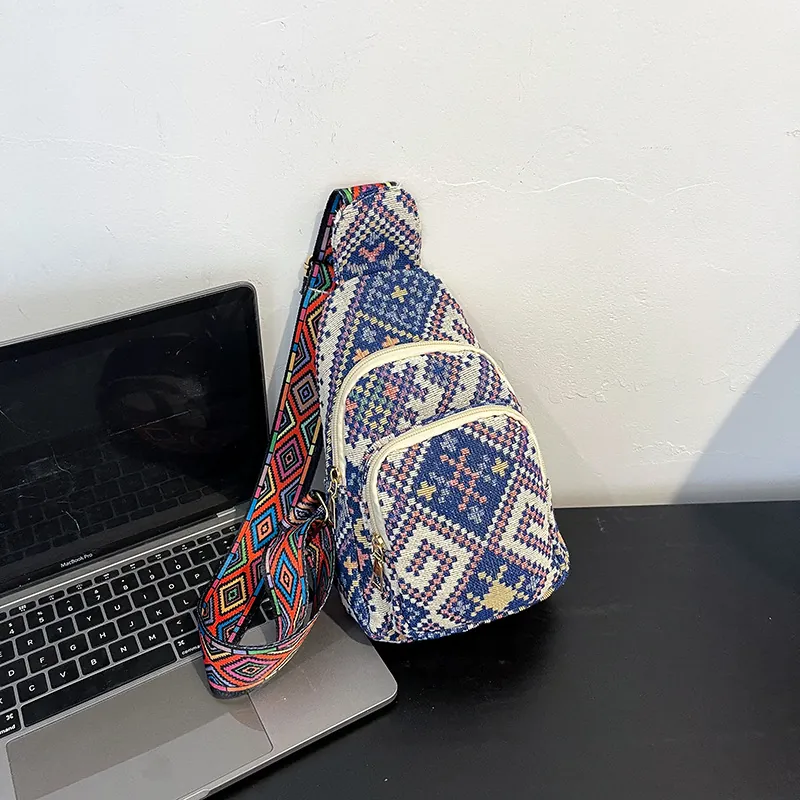 Bohemian Ethnic Style Women Chest Bag Nylon Woven Geometric Pattern Small Sling Bag With Wide Adjustable Jacquard Strap
