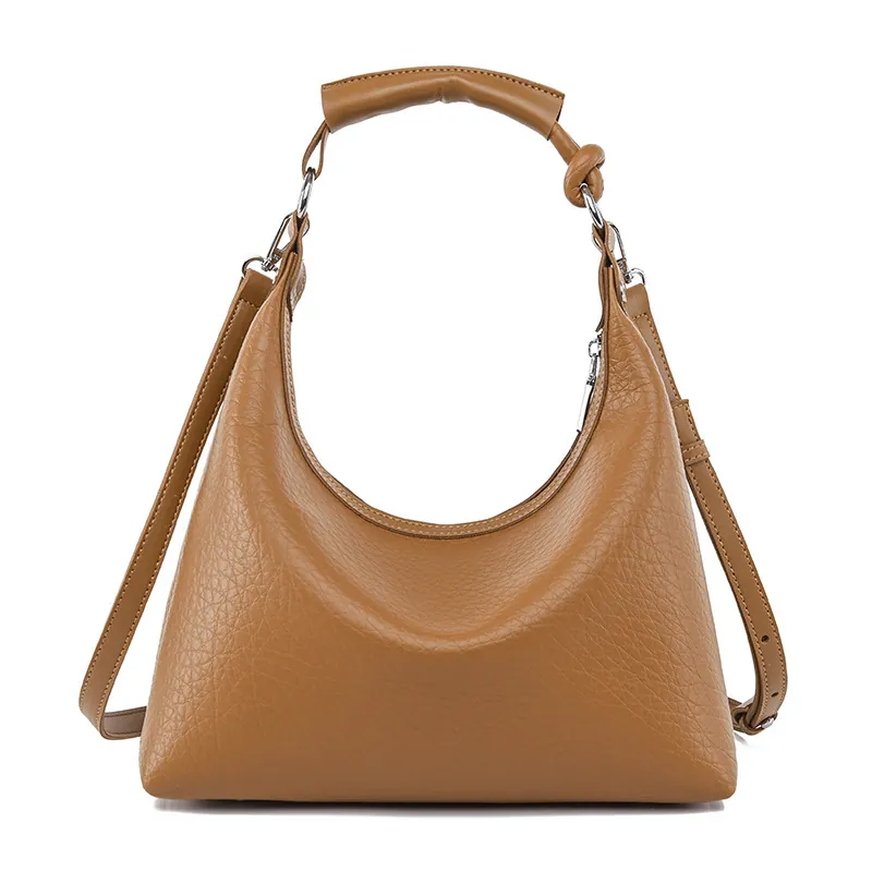 Women Hobo Shoulder Bag Lychee Texture PU Leather Underarm Tote With Knot Handle Adjustable Strap Minimalist Chic