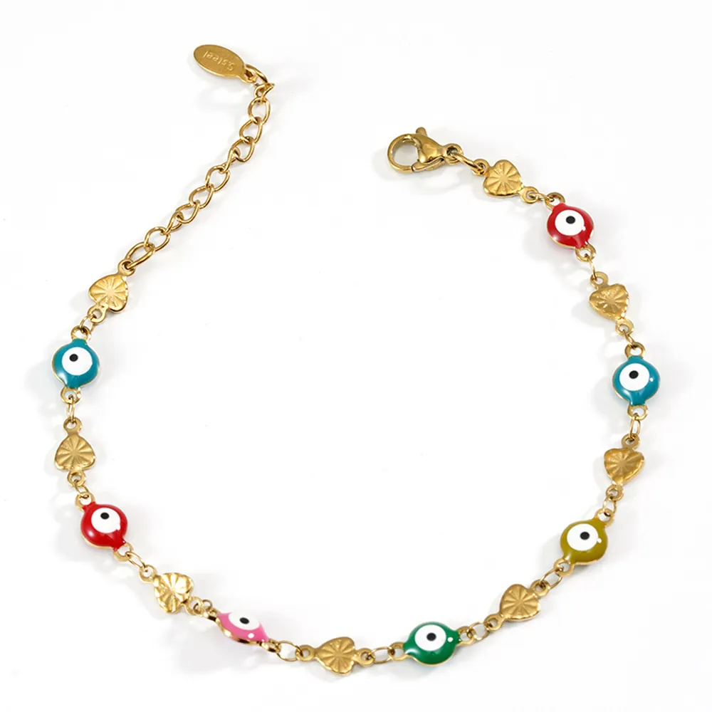 Evil Eye Heart Bracelet Stainless Steel 18K Gold Plated Colorful Enamel Adjustable Lobster Clasp Jewelry For Women
