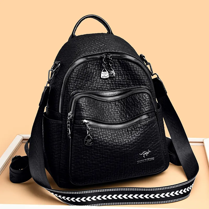 Women Fashion Backpack PU Leather Lychee Pattern Multi-Pocket Casual Street Style With Jacquard Shoulder Strap