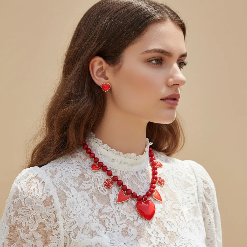 Red Beaded Necklace With Zinc Alloy Heart And Rose Enamel Pendants Retro Romantic Y2K Style Jewelry For Women