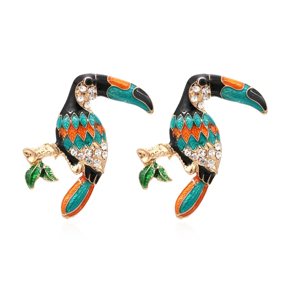 Toucan Tropical Bird Drop Earrings Alloy Enamel Rhinestone Colorful Animal Drip Oil Retro Fashion Exotic Jewelry For Women