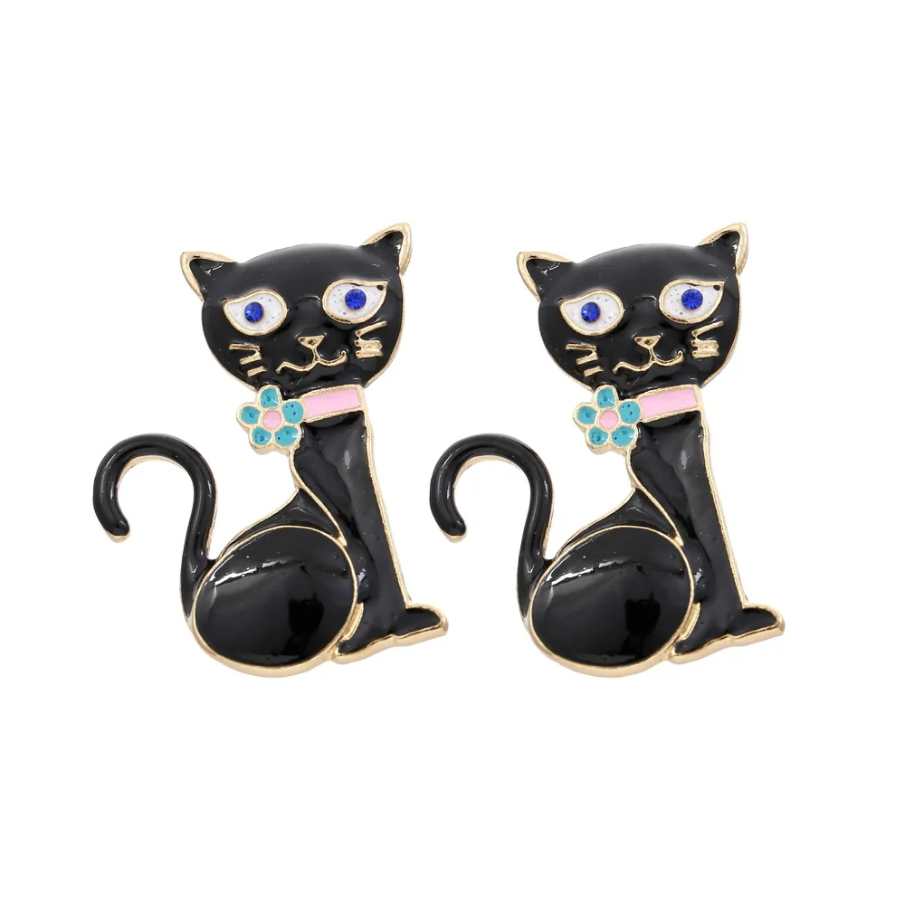 Boucles D'oreilles Chat Noir Mignon Alliage Émail Forme Animale Avec Strass Bleus Et Détails De Fleurs Bijoux Coréens