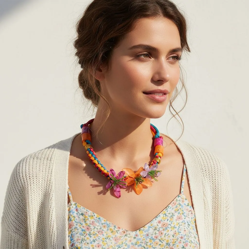 Collier Fleur Tissé À La Main Bohème Pendentif Floral En Résine Acrylique Multicolore Bijoux De Style Vacances Pour Femmes