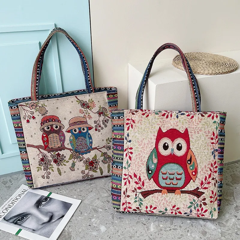 Eule Stickerei Leinwand Shopper Tasche Große Kapazität Ethnische Böhmische Gewebte Jacquard Damen Umhängetasche Vintage Stil