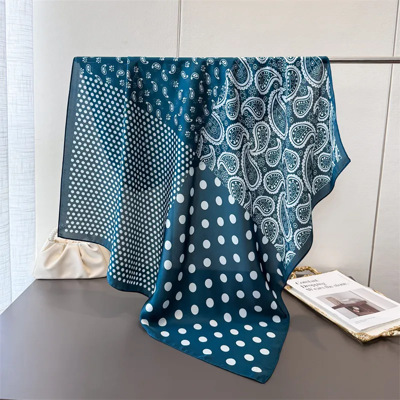 Women Elegant Satin Feel Square Scarf Paisley Polka Dot Patchwork Large Silk Like Headscarf Fashion Neck Scarf Bandana Shawl