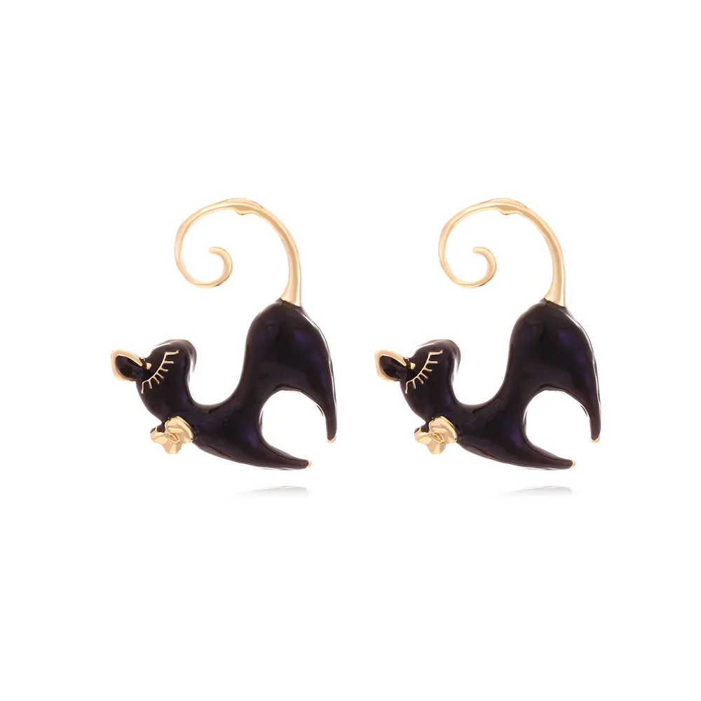 Emaille Schwarze Katze Ohrstecker Zinklegierung Goldene Schleife Spiralschwanz Süßer Modeschmuck Für Damen Mädchen