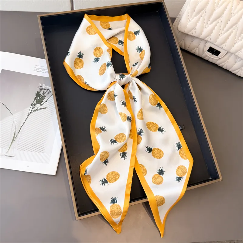 Fruit Print Long Narrow Scarf Polyester Satin Twilly For Handbag Handle Hair Band Neck Tie Pineapple Orange Pattern Versatile