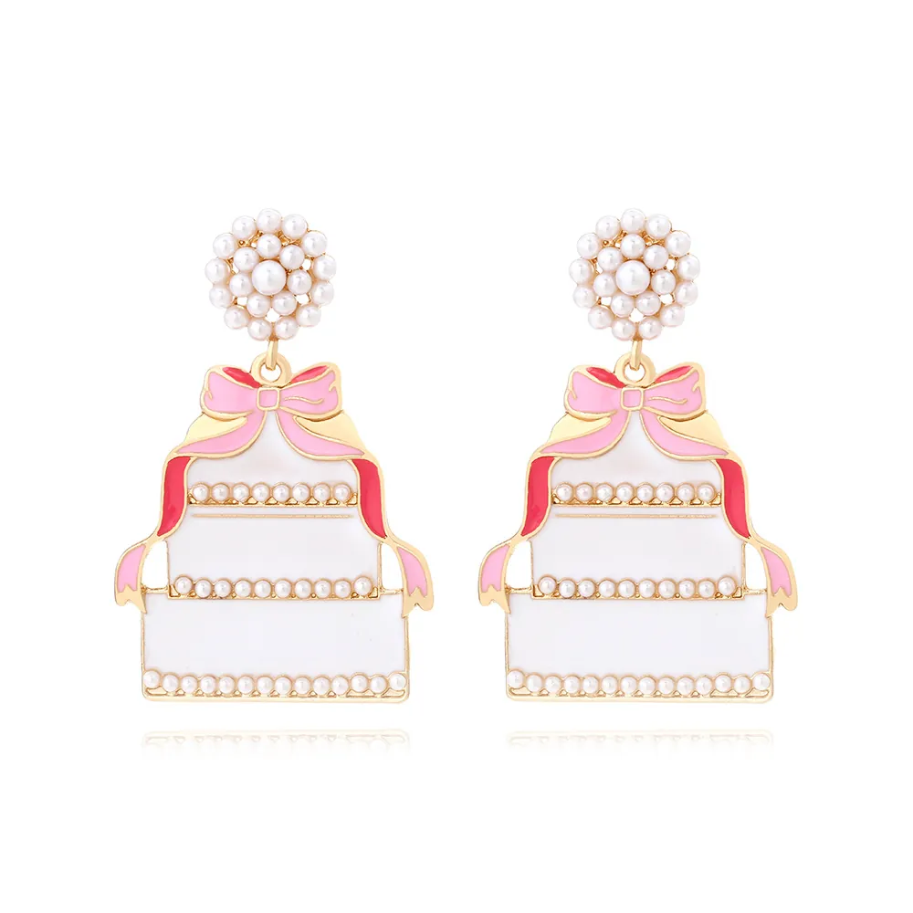 Sweet Wedding Cake Drop Earrings Zinc Alloy Enamel With Imitation Artificial Pearl And Pink Bow Novelty Jewelry For Women