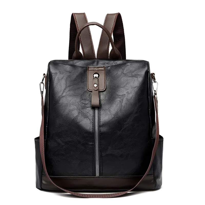 Women PU Leather Backpack Retro Multi Functional Anti Theft Large Capacity Travel Shoulder Bag With Headphone Port
