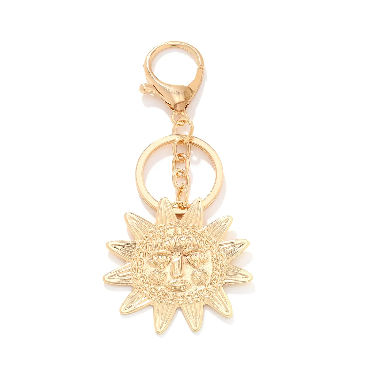 Sun Face Keychain Gold Zinc Alloy Sunflower Pendant Retro Artistic Bag Charm Lobster Clasp Accessory Fashion Jewelry